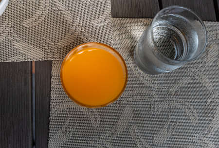 Water in glass, clean water, orange juice in a glass, drinks, clean food with h2o values.の写真素材