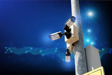 Multi-angle CCTV system on steel pole, blurred background technology, background blast clipping...