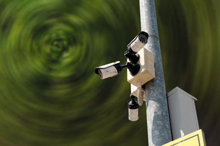 Multi-angle CCTV system on steel pole, blurred background technology, background blast clipping path.の写真素材