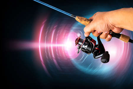 Fishing, fishing gear, sports rod is the most popular and play. The most of carbon technology, Nano brake system Wood flooring, hand heldの写真素材