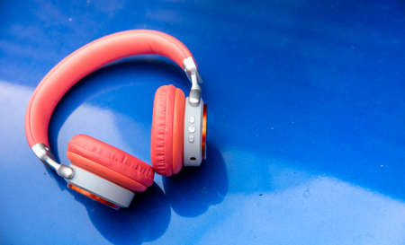 Wifi headphones technology and nature, a new system in 9 d sound technology, Headphones of different types flat layの写真素材