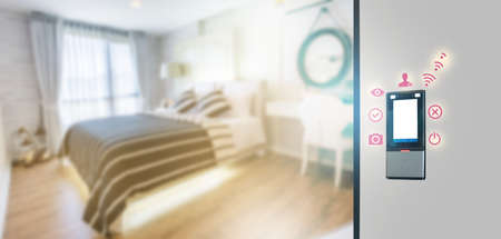 Face scanner on a building entrance wifi system to unlock the door security system. Face scanner for face recognition, password, time recording, work in-out and unlock doors in the office or building.の写真素材