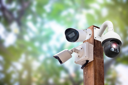 Multi-angle CCTV system on wooden poles, background blast cipping path
