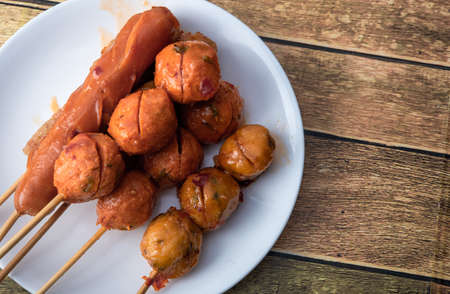 sausage meatballs street food asian meatballs in the market walking streetの写真素材