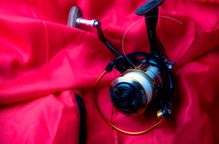 Fishing, fishing gear, sports rod is the most popular and play. The most of carbon technology, Nano brake system Wood flooring, hand heldの写真素材