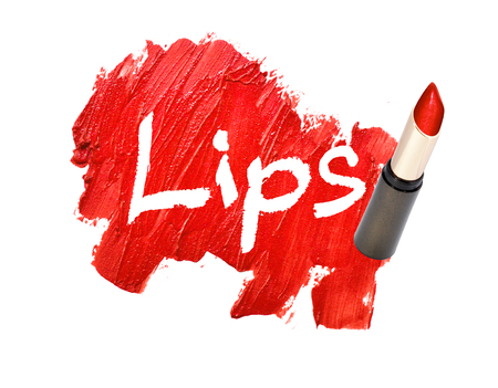 lipstick smudged on white background with "Lips"の写真素材