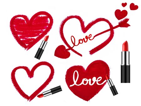 Set of lipsticks and heart shapesの写真素材
