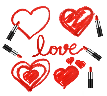 Set of lipsticks and heart shapes on white backgroundの写真素材
