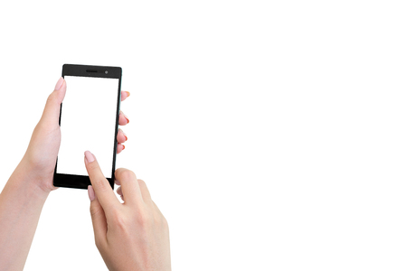 Feminine Point Finger And Hand Holding Blank Smart Phone Mobile On white background isolated for advertisementの写真素材