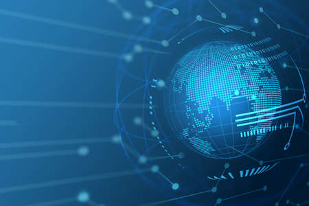 Map World representing the global network line wire frame banner on blue backgroundの写真素材