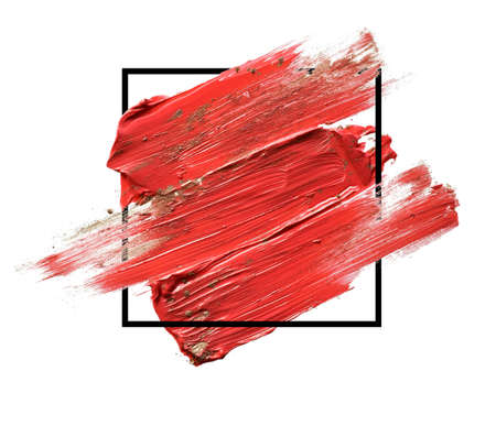 Abstract painted textured red lipstick with gold glitter on frame backgroundの写真素材