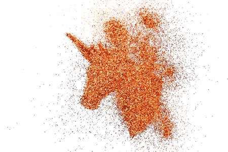 Explosion high intense pigment rose gold glitter shiny unicorn fairy tale fading on white background creative conceptの写真素材