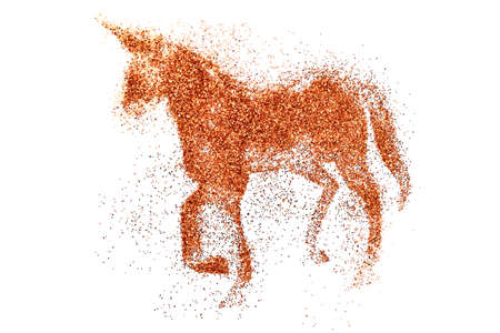 Explosion high intense pigment rose gold glitter shiny unicorn fairy tale fading on white background creative conceptの写真素材