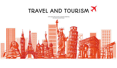 Travel to World with famous landmarks with hand drawn sketch style panorama with airplane jetliner flying sign for travel poster banner and postcard design Vector illustration.のイラスト素材