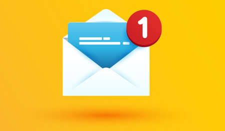 Open envelope icon with notification number alarm symbol isolated on yellow background. new E-mail reminder 3d vector illustrationのイラスト素材