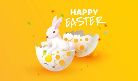 Happy easter day with rabbit out realistic egg festive background. holiday symbol celebration design. Creative composition for poster brochure and flyer 3d Vector illustration styleのイラスト素材