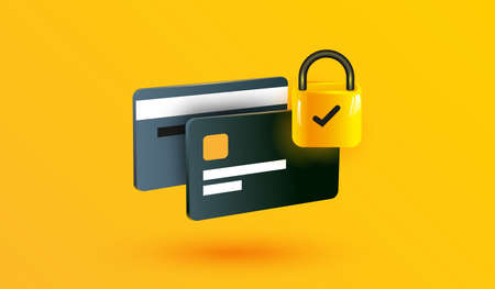 Credit card security icon on yellow backround. Money protection online banking sign or symbol design for mobile applications and website concept 3d vector illustration styleのイラスト素材