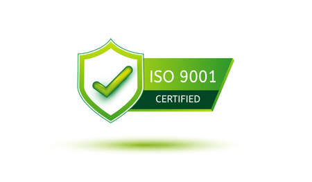 ISO 9001 certified  badge icon. international quality management industry system isolated on white background with green shadow vector illustrationのイラスト素材