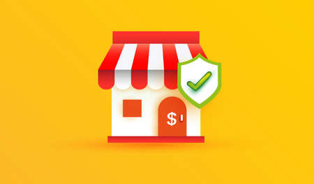 Shopping building with shield and check mark icon isolated on yellow background. Costumer safety symbol. Online shopping and protected financial data of clients.のイラスト素材