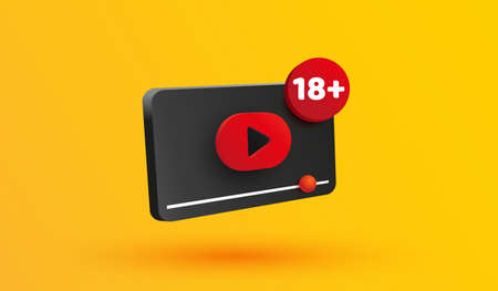 18 plus years old sign. Adults content icon. 18 + age restriction with play video button 3d vector icon. Media player sign or subscribe symbolのイラスト素材