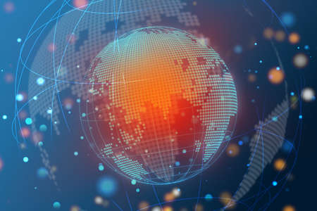 Map World representing the global network line wire frame banner on blue backgroundの写真素材