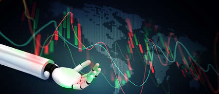 Robot hand Artificial intelligence trading stock or forex graph with data business and buy and sell icon concept background 3d illustrationの写真素材