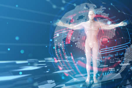 Futuristic concept for artificial intelligence robot man and virtual world digital business concept banner with red light on blue background 3D illustrationの写真素材