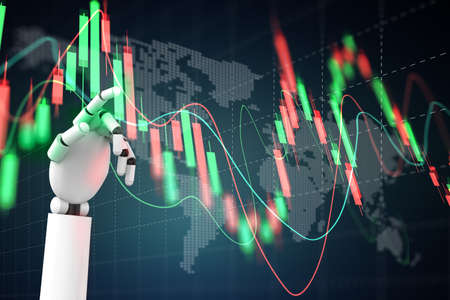 Robot hand Artificial intelligence trading stock or forex graph with data business and buy and sell icon concept background 3d illustrationの写真素材