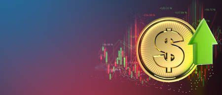 coin with a arrows up growth chart in the investment market data business banner and copy space 3d illustrationの写真素材