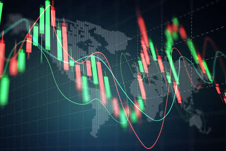 Stock market or forex trading graph with map world representing the global network line wire frame data business concept bannerの写真素材