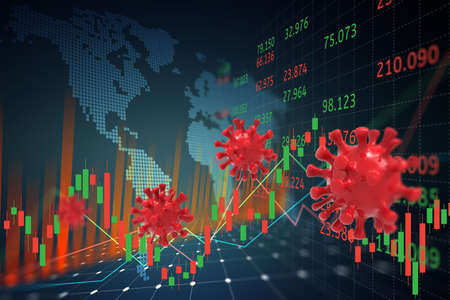 covid19 with map world representing the global network line wire frame data business and stock market or forex trading graph concept banner with red light on blue background 3d illustrationの写真素材