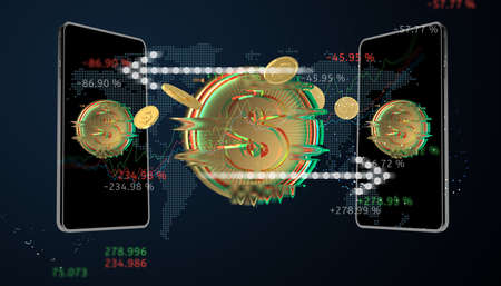 digital golden money coin technology worldwide transfer in the future world business with Stock market or forex trading graph 3d illustration. cyberpunk styleの写真素材