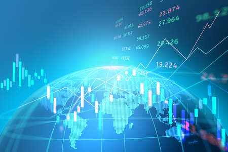 map world representing the global network line wire frame data business with stock market or forex trading graph concept banner on blue backgroundの写真素材