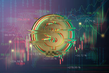 digital golden money coin technology worldwide transfer in the future world business with Stock market or forex trading graph 3d illustration. cyberpunk styleの写真素材