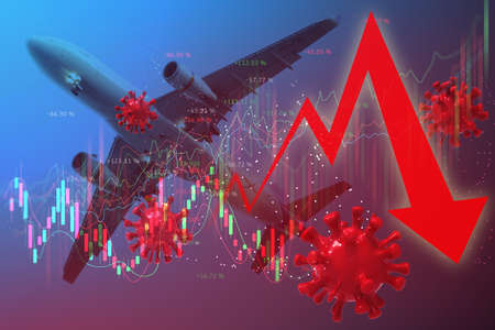 Travel business stock market chart with plane airline transportation. COVID-19 crisis impact on global aviation industry with virus symbol and red arrow down 3D illustrationの写真素材