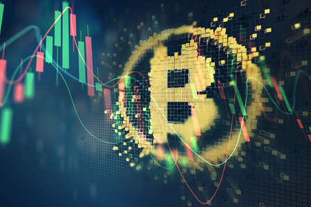 bitcoin cryptocurrency value price fall drop. Stock market trading graph business with red arrow concept banner background 3d illustrationの写真素材