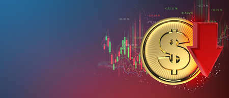 coin with a red arrows down chart in the investment market data business banner and copy space 3d illustrationの写真素材