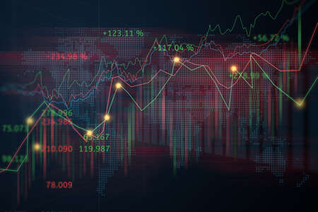 Stock market or forex trading graph with map world representing the global network line wire frame data business concept bannerの写真素材