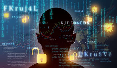 Hacking and malware concept. silhouette human head with big data business and security code on dark backgroundの写真素材