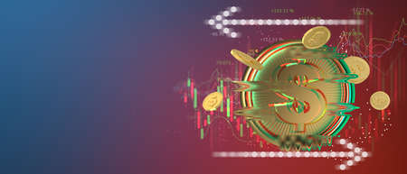 digital golden money coin technology worldwide transfer in the future world business with Stock market or forex trading graph and copy space 3d illustration. cyberpunk styleの写真素材