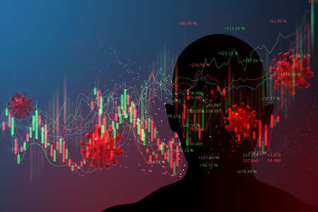 silhouette human head with data business and stock market or forex trading graph concept banner on blue background 3D illustrationの写真素材