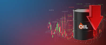 oil barrels with a growth chart in the investment market and trade arrows down with data business 3d illustrationの写真素材