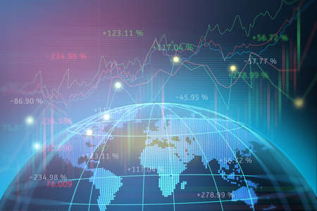 Stock market or forex trading graph with map world representing the global network line wire frame data business concept bannerの写真素材