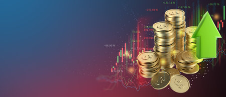 coin with a arrows up growth chart in the investment market data business 3d illustrationの写真素材