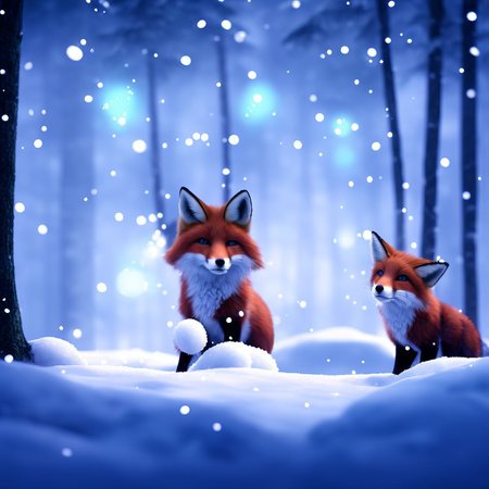 Two foxes in the winter forest with snowflakes falling downの素材