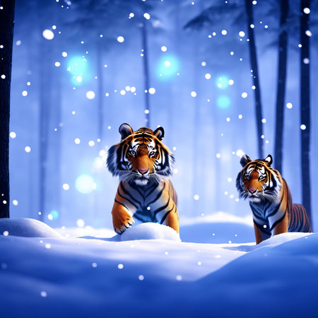 Two tigers in winter forest with snow and snowflakes. 3D renderingの素材