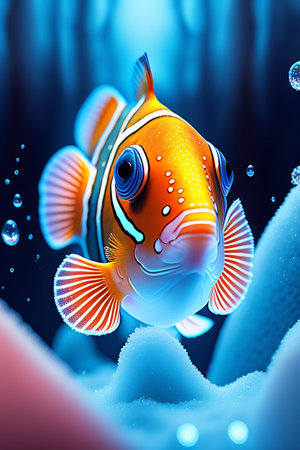 Clown fish in the water. 3d illustration. Blue background.の素材