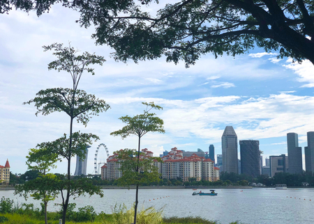 Distant view of Singapore CBD area under cloudy sky, with Singapore flyer and MBS seen in the backgroundのeditorial素材