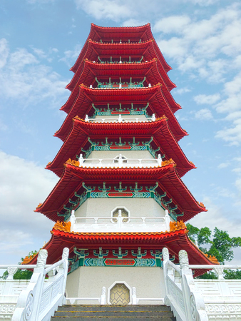 pretty chinese pagoda under cloudy blue sky