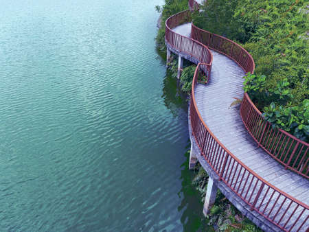 Singapore,27 June 2020: The Lorong Halus bridge,cursive design pedestrian bridge connecting Punggol town to Lorong Halus Wetland.のeditorial素材